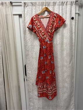 Red Floral Wrap Maxi Dress - Casual Boho Style
